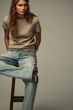 ZARA ОДНОТОННЫЙ ТОП С КОРОТКИМИ РУКАВАМИ, КАМЕННО-СЕРЫЙ