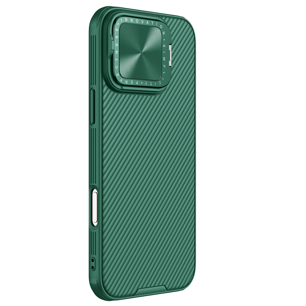 Чехол зеленого цвета (Dark Green) с металлической откидной крышкой для камеры от Nillkin на iPhone 16 Pro Max, серия CamShield Prop Case