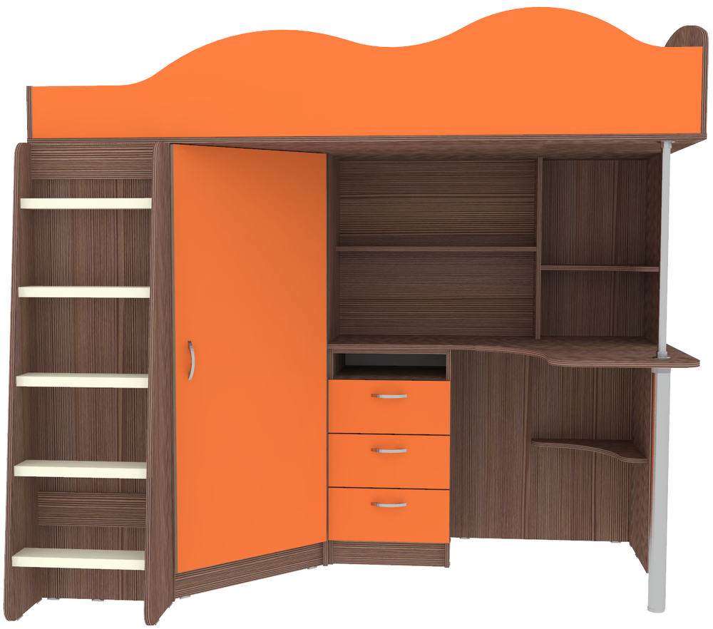 Кровать-чердак КарИВи Пионер с деревянной лестницей Бодего Темный Оранжевый