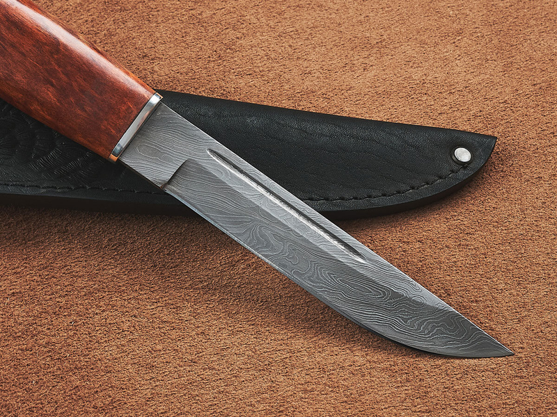 Финский нож Леуку, дамасская сталь, рукоять мореная карельская берёза