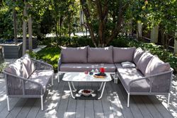 "Канны" диван модульный плетеный из роупа, каркас алюминий белый, роуп светло-серый круглый, ткань светло-серая