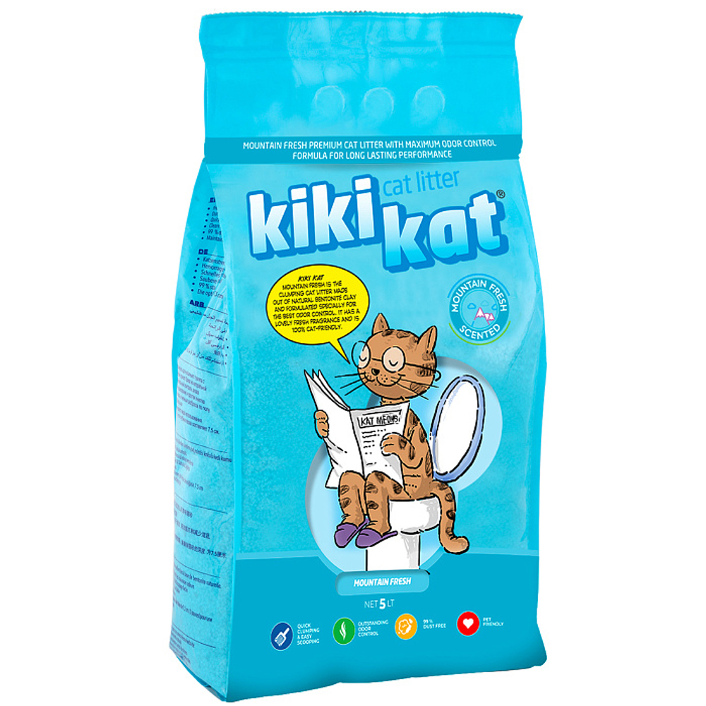 Бентонитовый наполнитель для кошачьего туалета KikiKat супербелый комкующийся, с ароматом горной свежести, 5 л