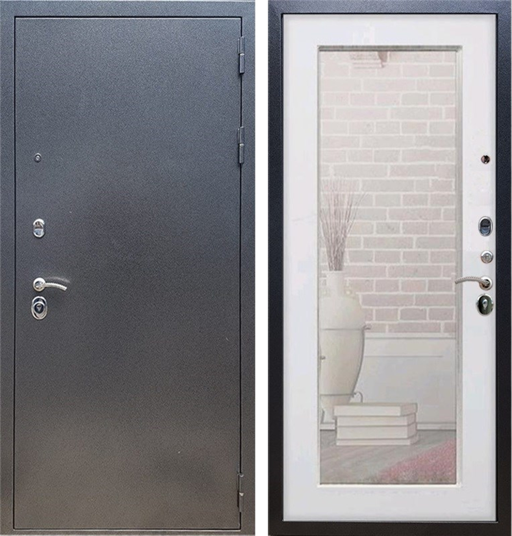 Входная металлическая дверь с зеркалом RеX (РЕКС) 11 Практик Антик серебро / Пастораль  Силк сноу (белый матовый,без текстуры)