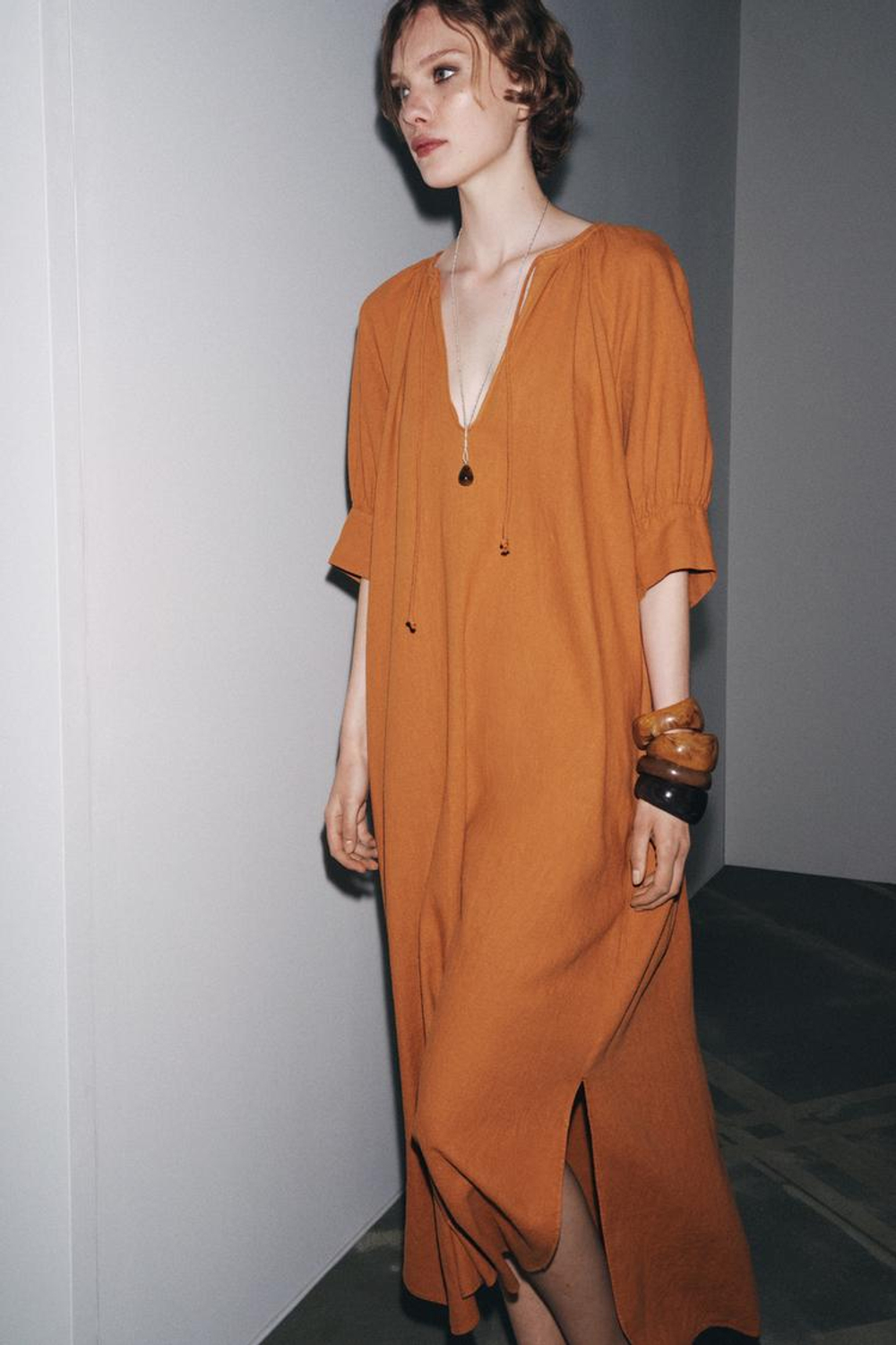 ZARA ПЛАТЬЕ-ТУНИКА ИЗ ЛЬНА ZW COLLECTION, СВЕТЛО-КОРИЧНЕВЫЙ