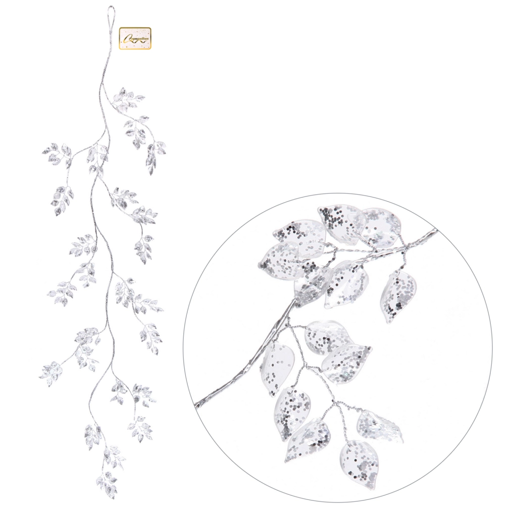 Ветка декоративная «Сияющие листья» 100 см, Серебро
