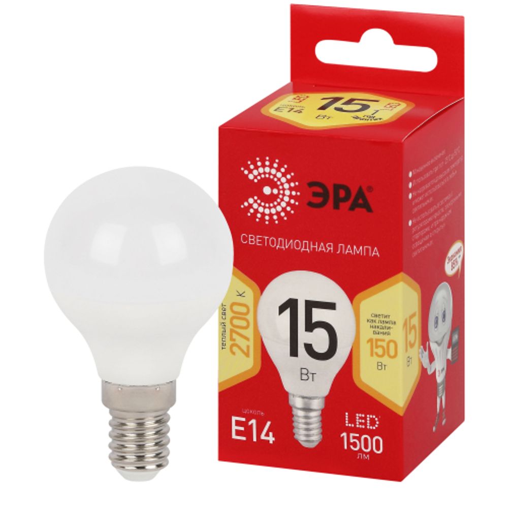 Лампа светодиодная ЭРА RED LINE LED P45-15W-827-E14 R 15Вт шар теплый белый свет E14 | Лампы cветодиодные Шар (G/P)