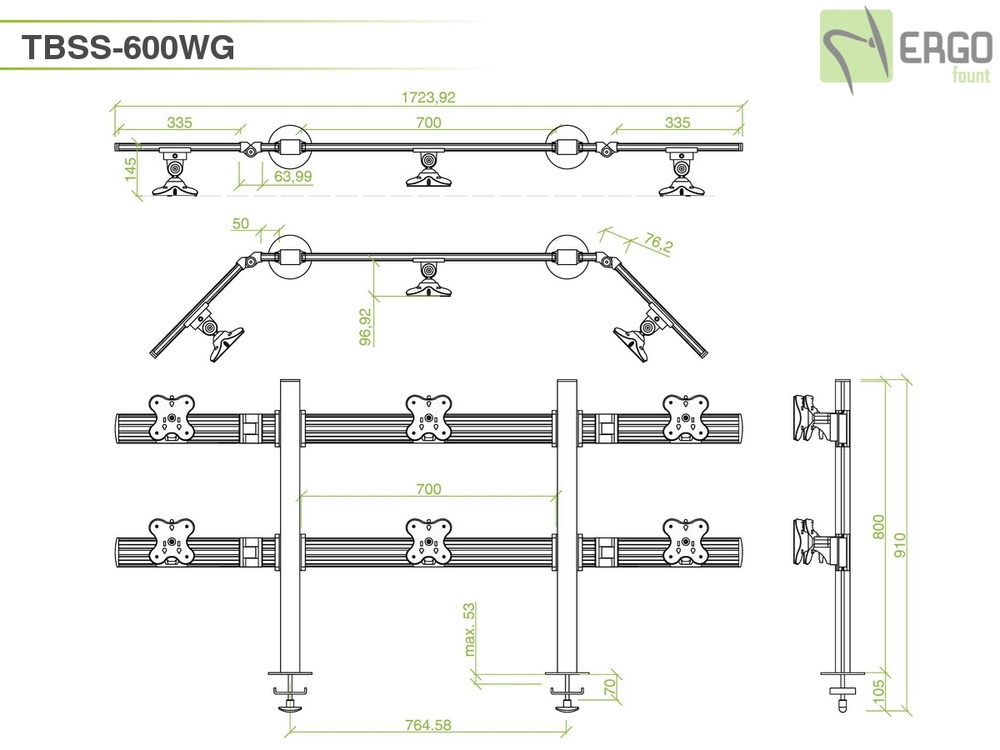 ErgoFount TBSS-600WG Настольное крепление для 6 мониторов диагональю до 24'' конфигурации 2х3 со струбциной к столу типа "G". Цвет - серебристый