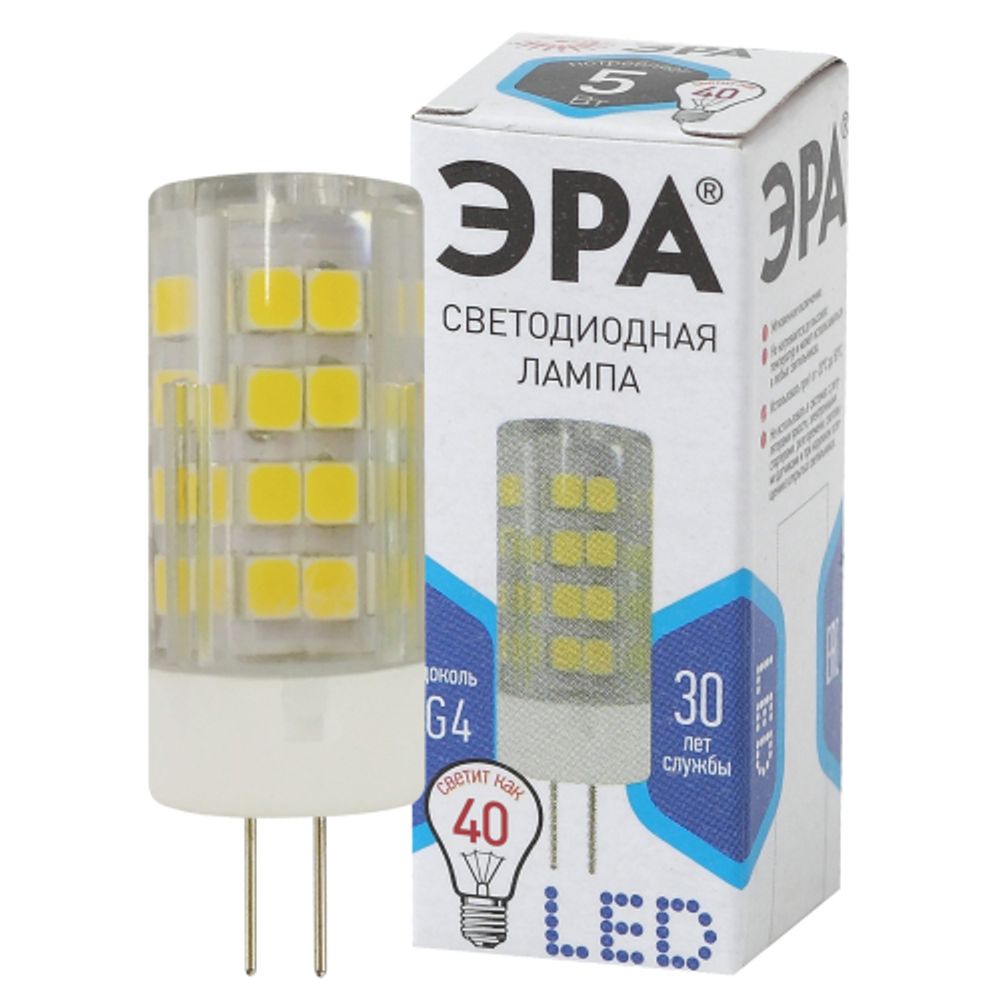 Лампа светодиодная ЭРА STD LED JC-5W-220V-CER-840-G4 G4 5Вт керамика капсула нейтральный белый свет | Лампы cветодиодные Капсульные (G4, G9)