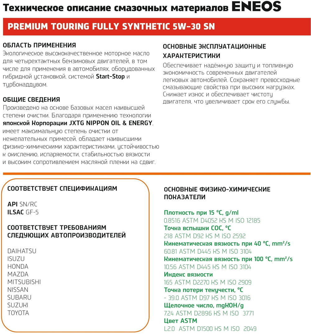Масло моторное синтетическое Eneos Premium Touring SN 5W30 4л