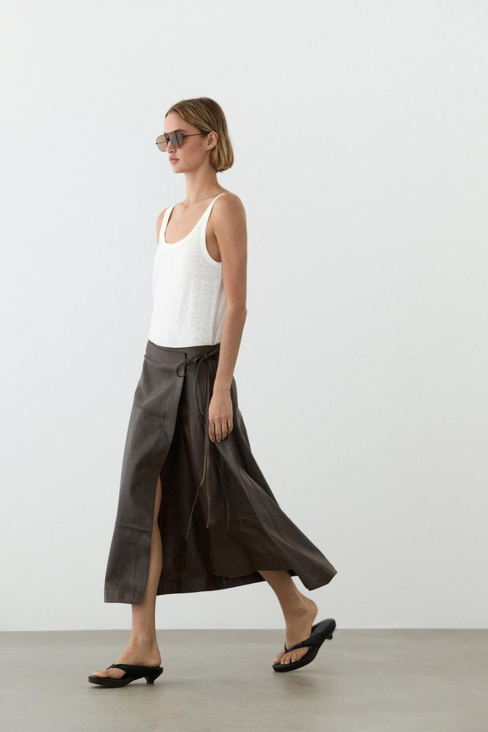 Massimo Dutti Юбка-миди из кожи наппа с завязками, коричневый