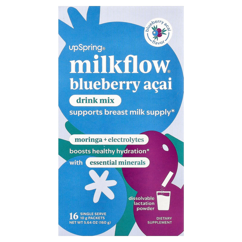 UpSpring, Milkflow®, смесь для приготовления напитка, голубика и асаи, 16 порционных пакетиков по 10 г (0,35 унции)