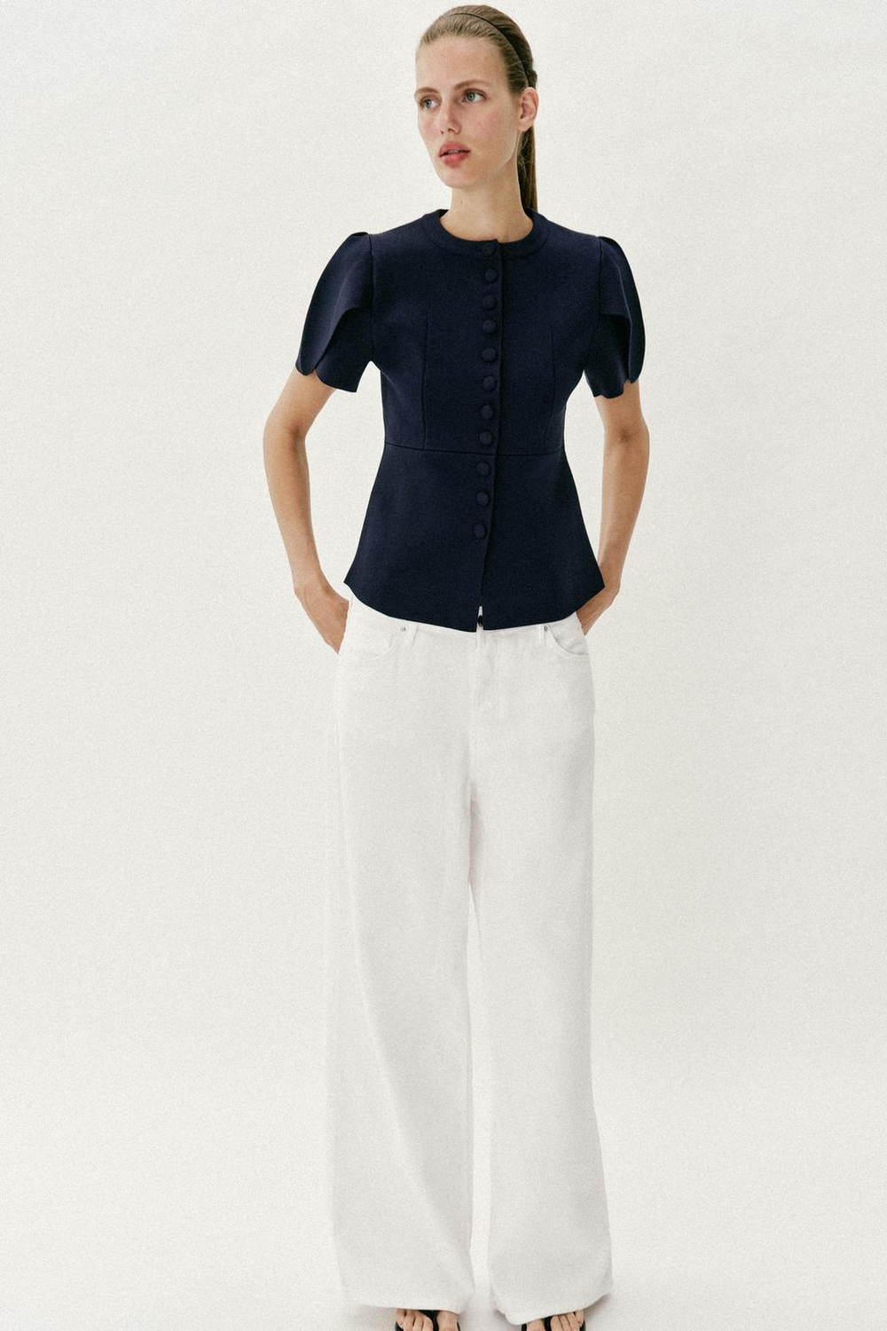 ZARA КАРДИГАН С ОБЪЕМНЫМИ РУКАВАМИ И РАЗРЕЗАМИ, МОРСКОЙ СИНИЙ