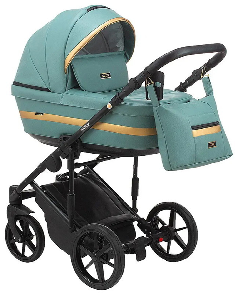 Детская коляска Adamex Rimini Deluxe 3 в 1 RI233 СЕРО-ЗЕЛ,КОЖА+ ЗОЛОТО.ОТДЕЛКА