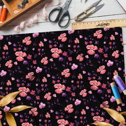 Ткань таффета мелкие насыщенные розовые цветы на чёрном фоне