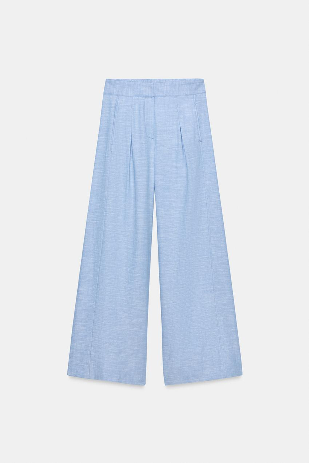 ZARA ШИРОКИЕ БРЮКИ ИЗ ЛЬНА, ГОЛУБОЙ