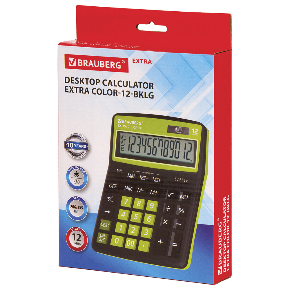 Калькулятор настольный BRAUBERG EXTRA COLOR-12-BKLG (206x155 мм) 12 разрядов двойное питание черно-САЛАТОВЫЙ