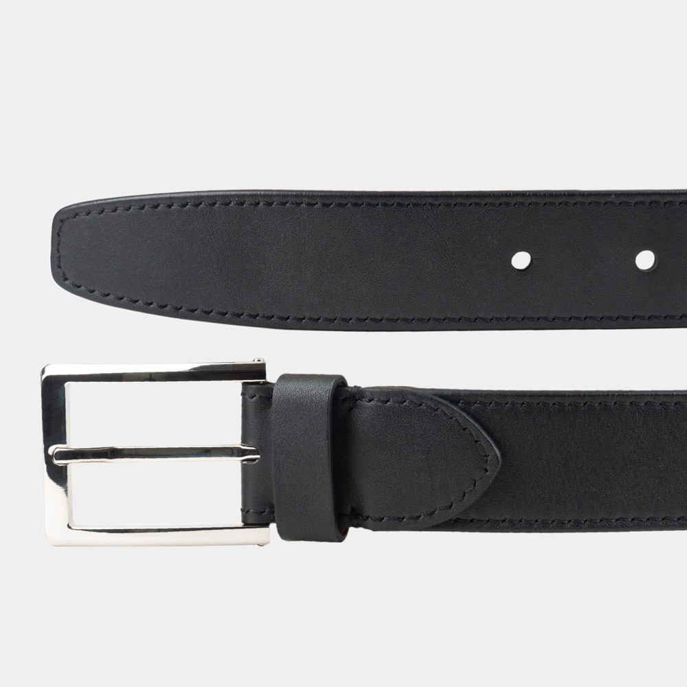 Ремень мужской кожаный из теленка черного цвета в ширина 35мм пряжка Сталь