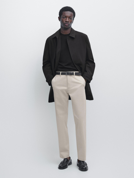 Massimo Dutti Зауженные брюки из смесовой хлопковой ткани, бежевый