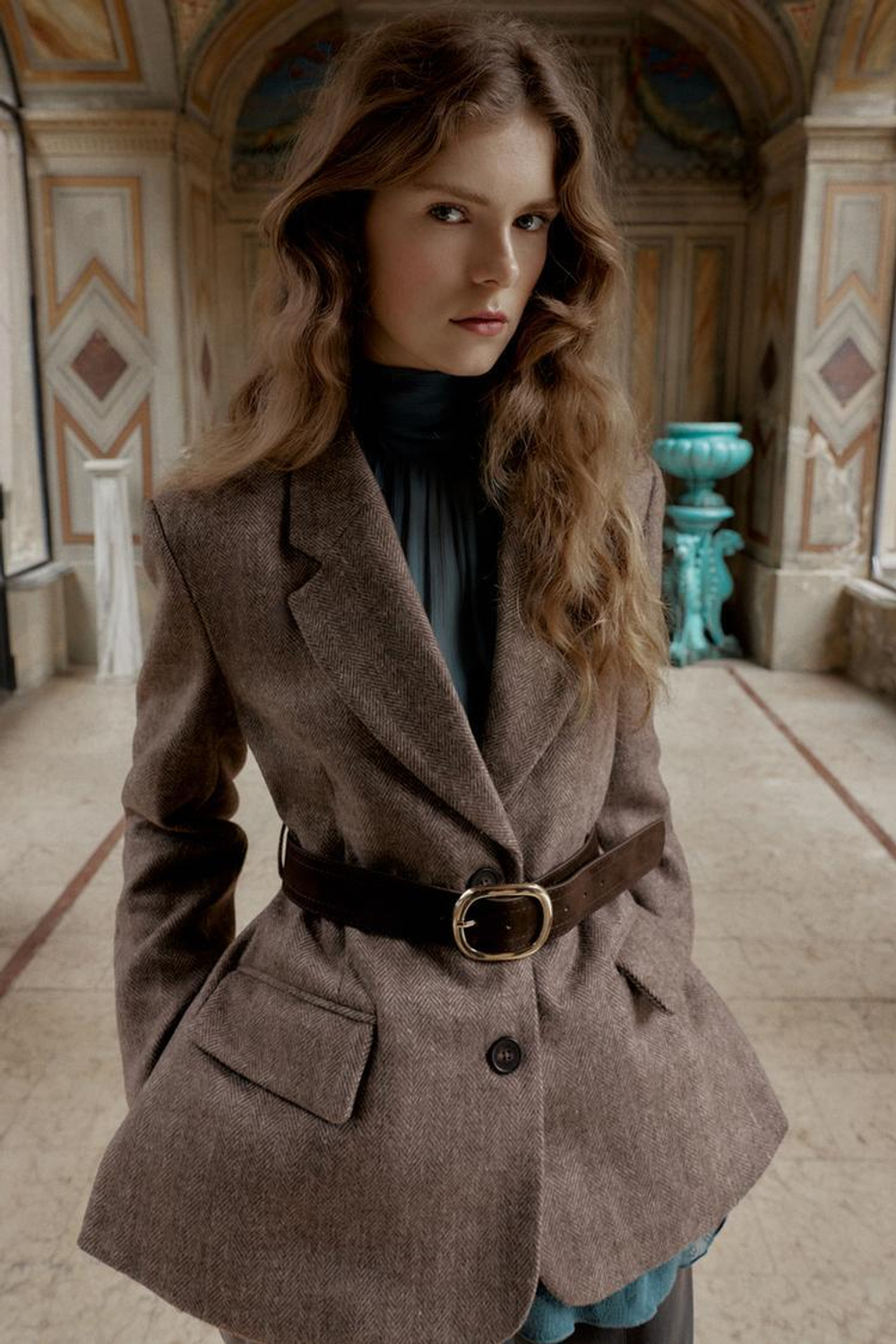 ZARA БЛЕЙЗЕР В ЕЛОЧКУ С ПОЯСОМ, РЫЖЕВАТО-КОРИЧНЕВЫЙ