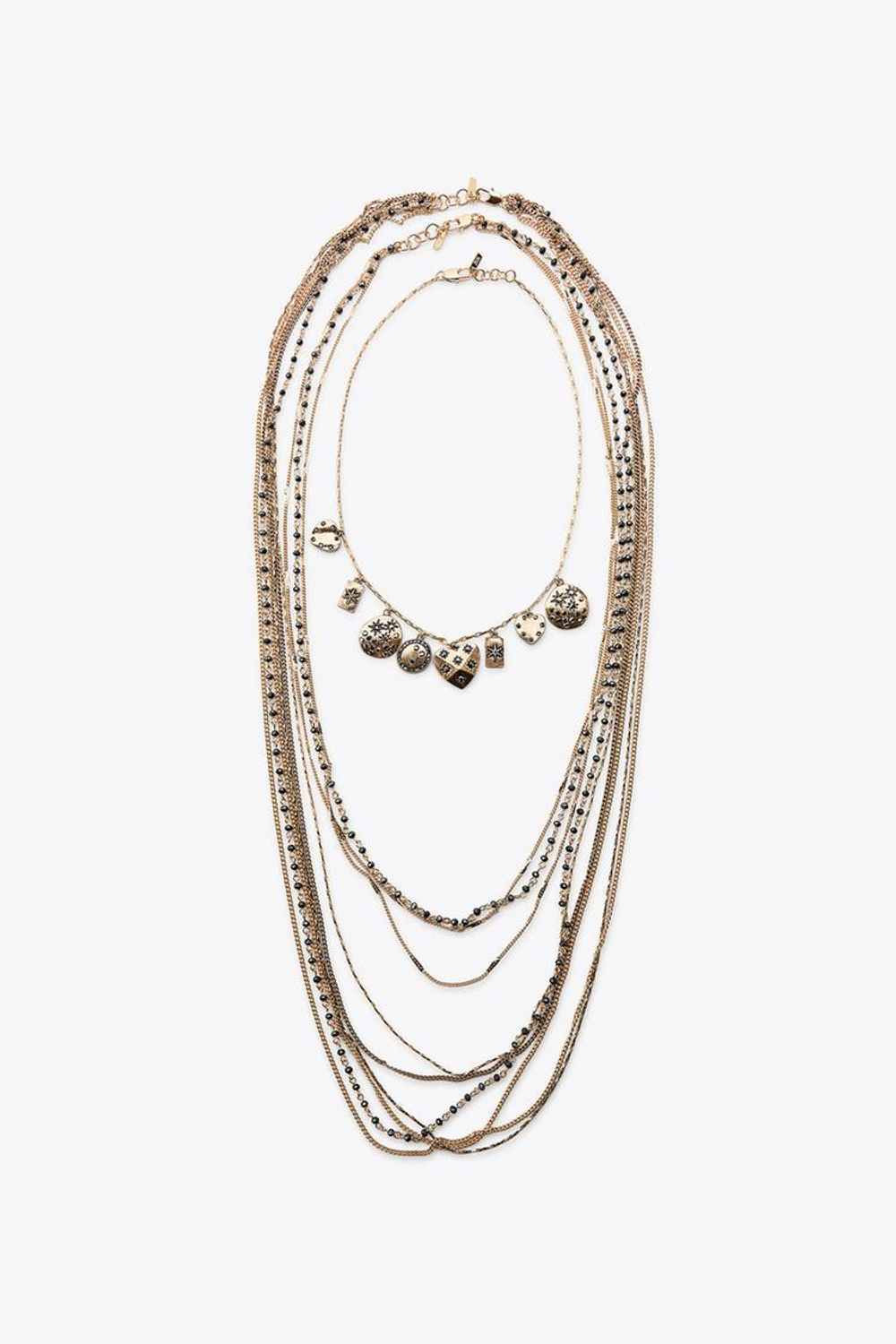 ZARA НАБОР ИЗ 3 ОЖЕРЕЛИЙ С ЦЕПОЧКАМИ, БУСИНАМИ И ШАРМАМИ, ЦВЕТ СОСТАРЕННОГО ЗОЛОТА