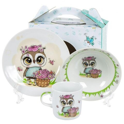 Набор посуды керам, 3 шт, Цветочная сова, тар 17.5см,сал 15см,круж 230мл, Daniks, C640