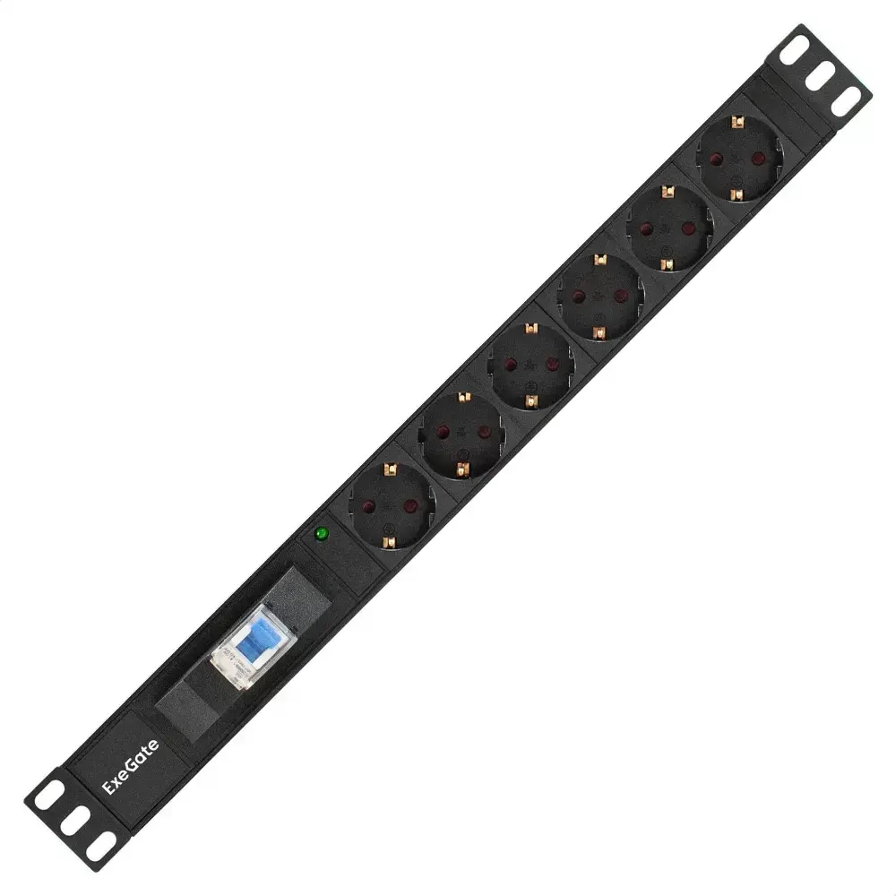 Блок розеток горизонтальный ExeGate ServerPro PDU-19H610 Al-6S-EU2.5-1P, 19", 1U Алюминий 6 Schuko кабель с евровилкой 2.5 метра, защита от перегрузки, черный