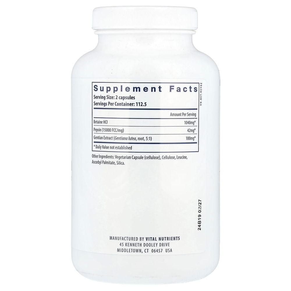 Vital Nutrients, бетаин гидрохлорид пепсин с экстрактом корня горечавки, 225 капсул