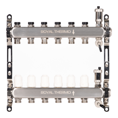 Коллектор Royal Thermo нерж. в сборе универсальный 1" ВР-3/4" НР с автомат. воздухоотвод-ми 6 вых.