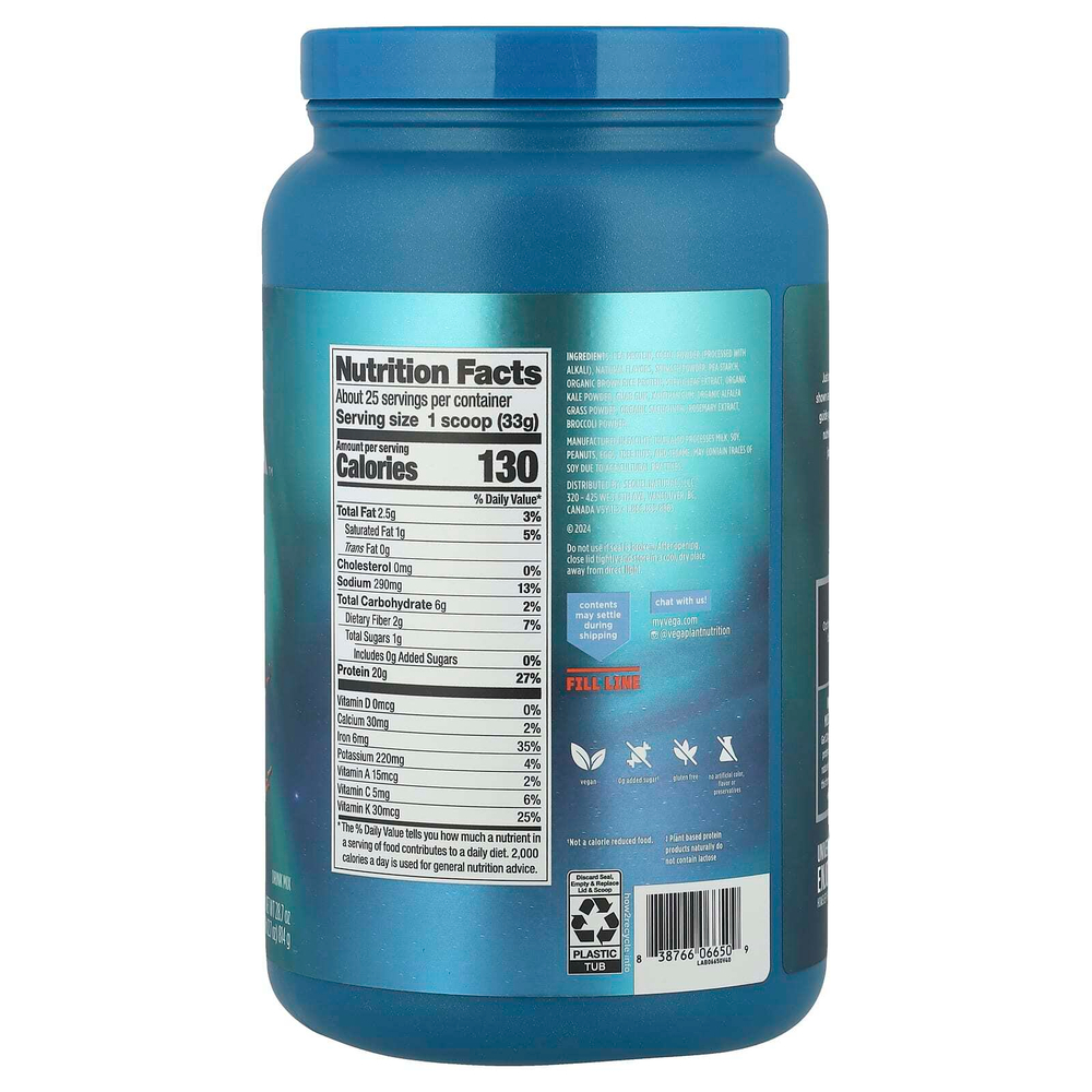 Vega, Растительный протеин, протеин премиального качества + Supergreens ™, сливочный шоколад, 814 г (1 фунт 12,7 унции)