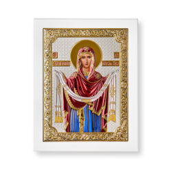 Покрова, икона прямоугольная с рамкой, белое дерево, эмаль 185х235