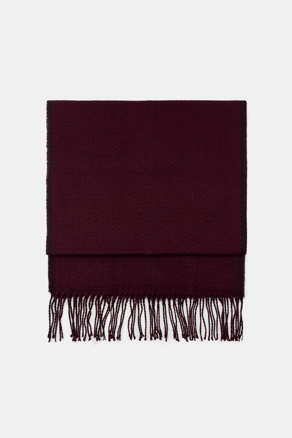 ZARA ШАРФ С УЗОРОМ «ЁЛОЧКА» И БАХРОМОЙ, БУРГУНДИ