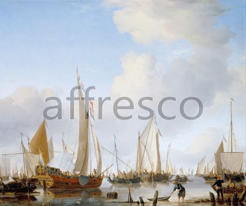 Фреска Willem van de Velde the Younger, Calm A States Yacht under Sail close to the Shore with many other Vessels