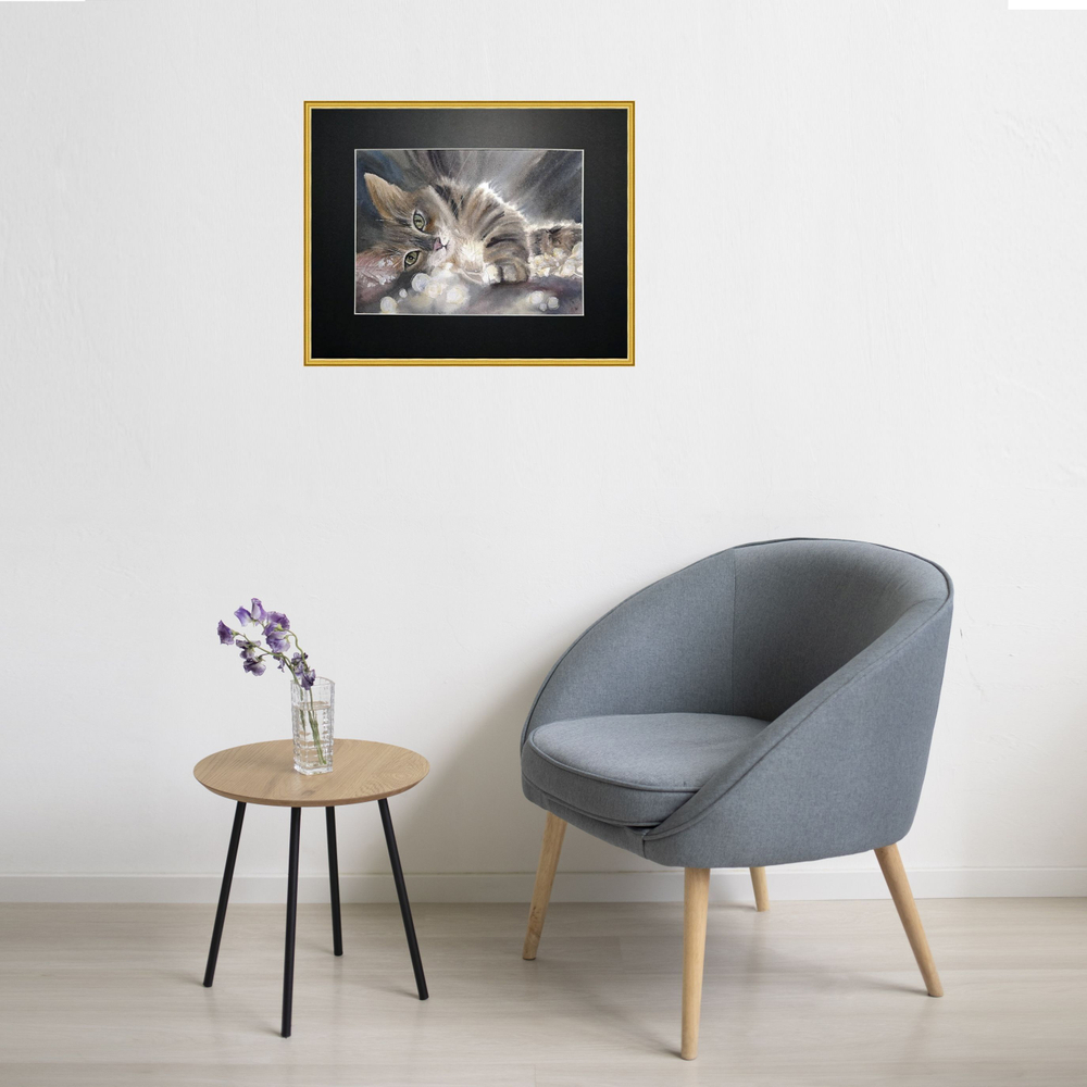 Картина авторская акварельная в паспарту 30х40 см на стену для интерьера "Кисюня"