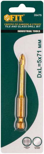 35475 Сверло по кафелю, 4 режущие кромки, титановое покрытие u-хвостовик под биту 5 х 71мм FIT
