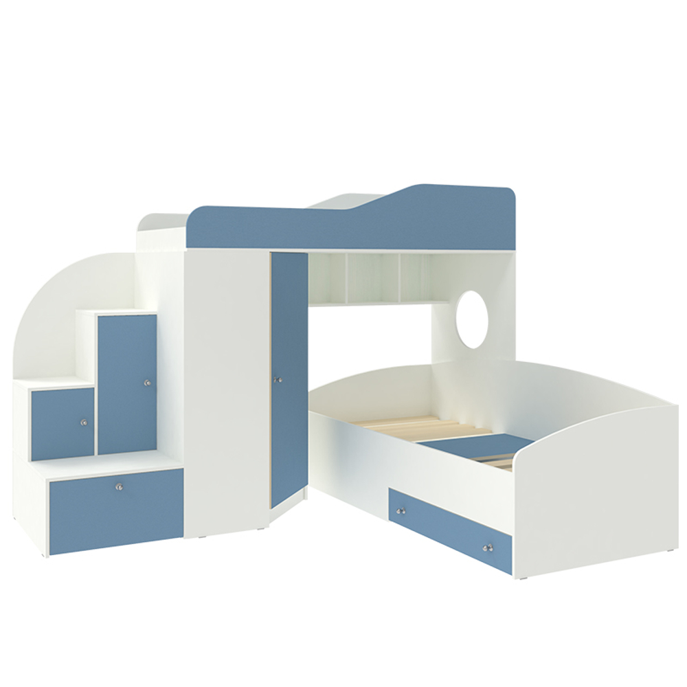 Кровать-чердак КарИВи Кадет 2 Белый  Светло-синий, голубой