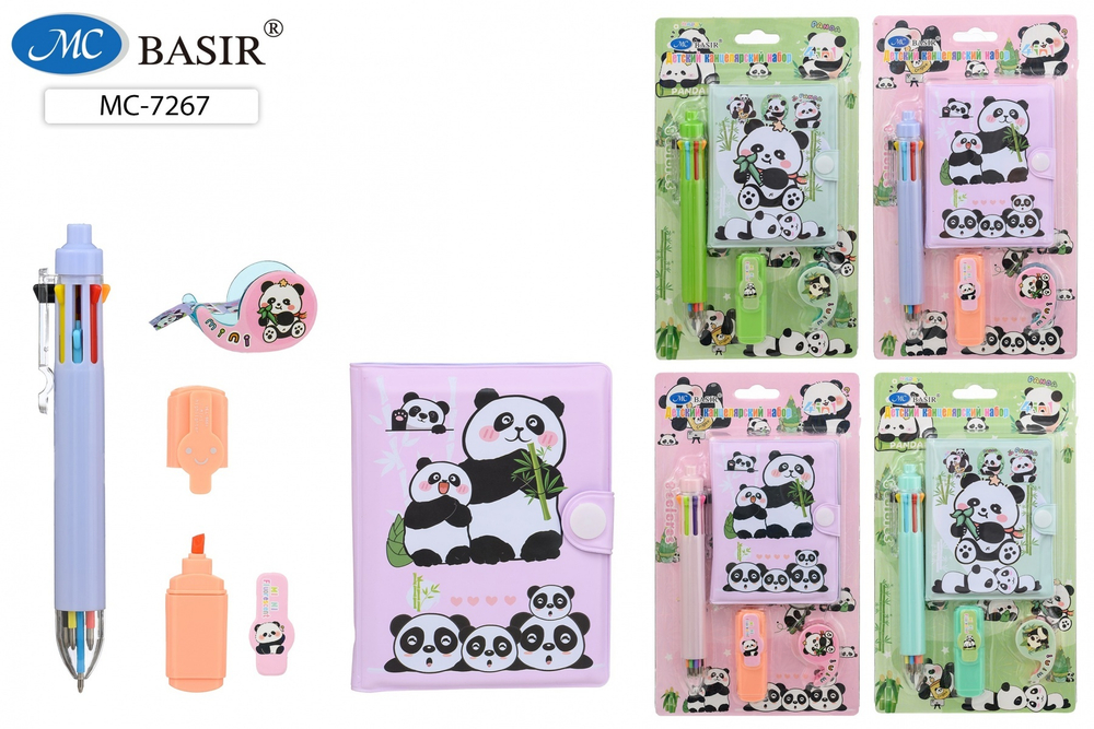 Блокнот 103*80мм клеевой кор. "Панды" лин, на кнопке + 8-цв.мини-ручка, скотч, текст.маркер