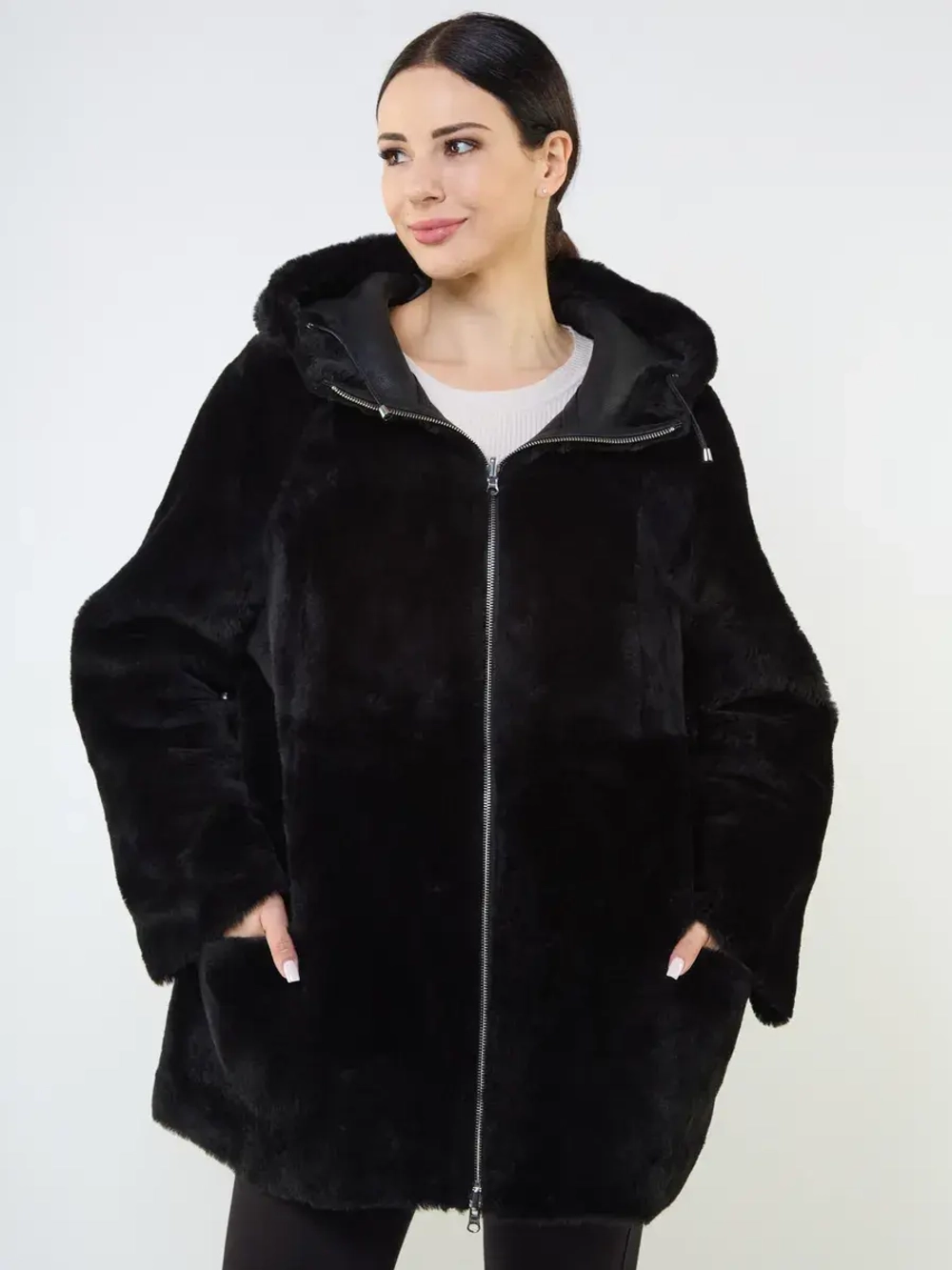 Дубленка зимняя двухсторонняя шуба с капюшоном