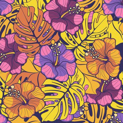 Гибискусы и листья монстеры