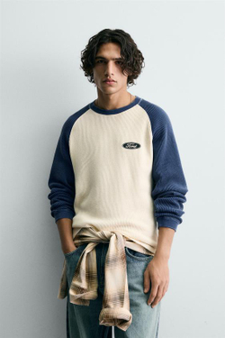 ZARA Х FORD ФУТБОЛКА В СТИЛЕ КОЛОР-БЛОК WAFFLE, СИНИЙ/БЕЛЫЙ