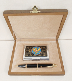 Набор "Герб РФ"  визитница персональная, авторучка Parker с ручной росписью Палех