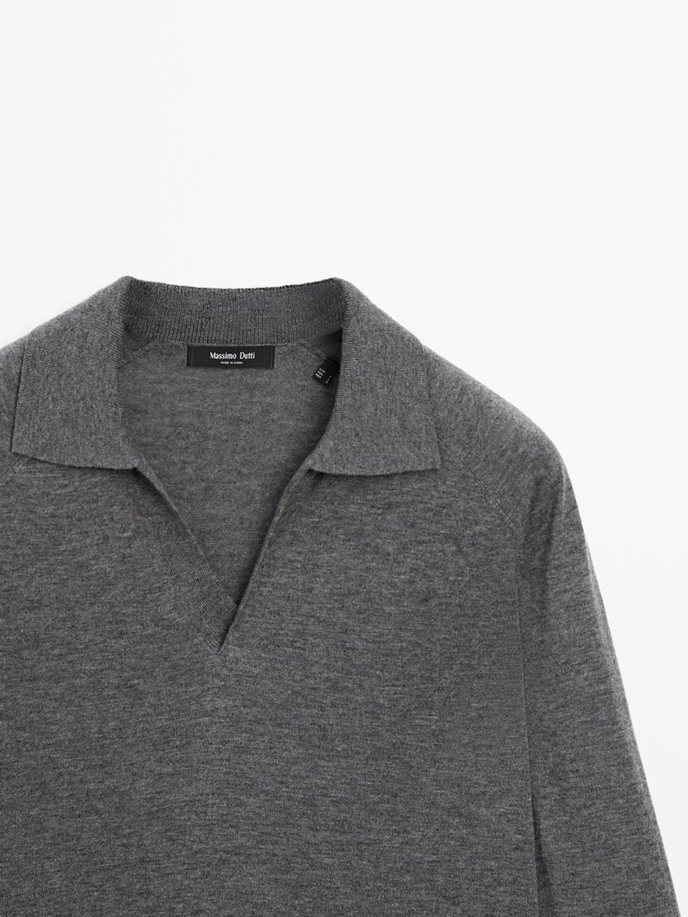 Massimo Dutti Трикотажный свитер из смесовой шерсти с воротником поло, темно-серый