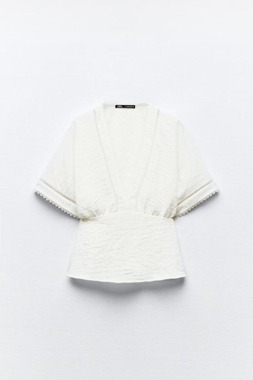 ZARA ТОП КИМОНО С КРУЖЕВОМ, БЕЛЫЙ