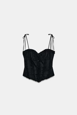 ZARA ТОП ИЗ ПОПЛИНА В ГОРОШЕК С ВОЛАНАМИ, ЧЕРНЫЙ