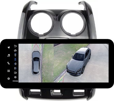 Магнитола для Renault Duster 1 2015-2020, Lada Largus 2021+ (без мультируля, рамка большая глянец) - Teyes LUX ONE 360 монитор 12.3" 2K QLED на Android 10, 6+128Гб, CarPlay, 4G SIM-слот, 4 камеры в комплекте
