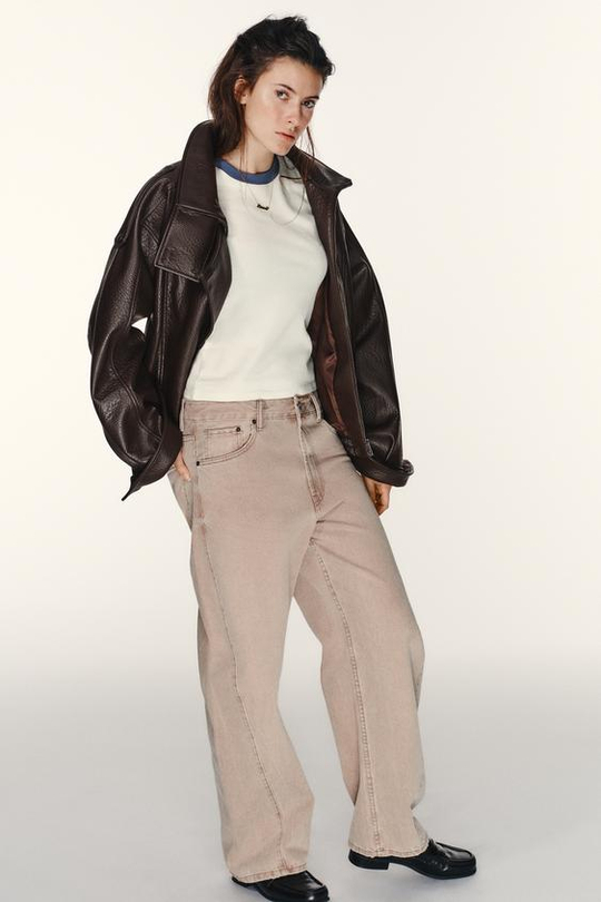 ZARA ДЖИНСЫ TRF BAGGY BALLOON СО СРЕДНЕЙ ПОСАДКОЙ, ЛИНЯЛЫЙ РОЗОВЫЙ