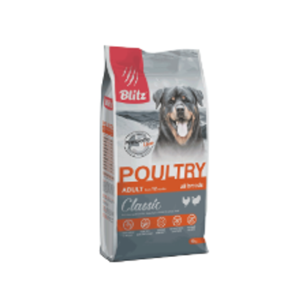 Сухой корм для собак BLITZ ADULT DOG POULTRY для собак всех пород, домашняя птица, 15 кг