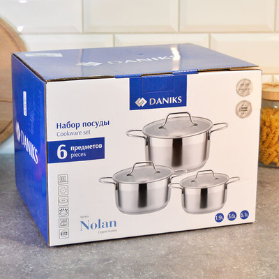 Набор кастрюль 3 предмета (1,9л, 3,6л, 6,1л) нерж, индукция, "Daniks" Нолан GS-01363-6PC
