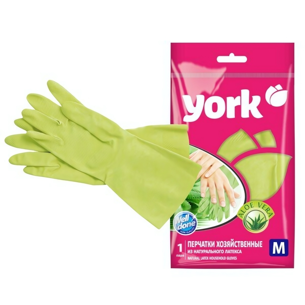 Перчатки резиновые с хлопковым напылением, пропитка Алоэ (M) YORK