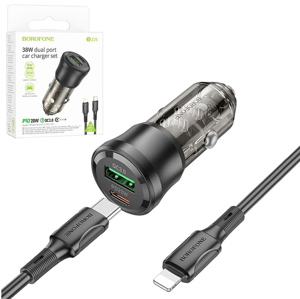 Автомобильный адаптер питания BOROFONE BZ25 PD 20W +QC3.0 + кабель Type-C - Lightning (черный)