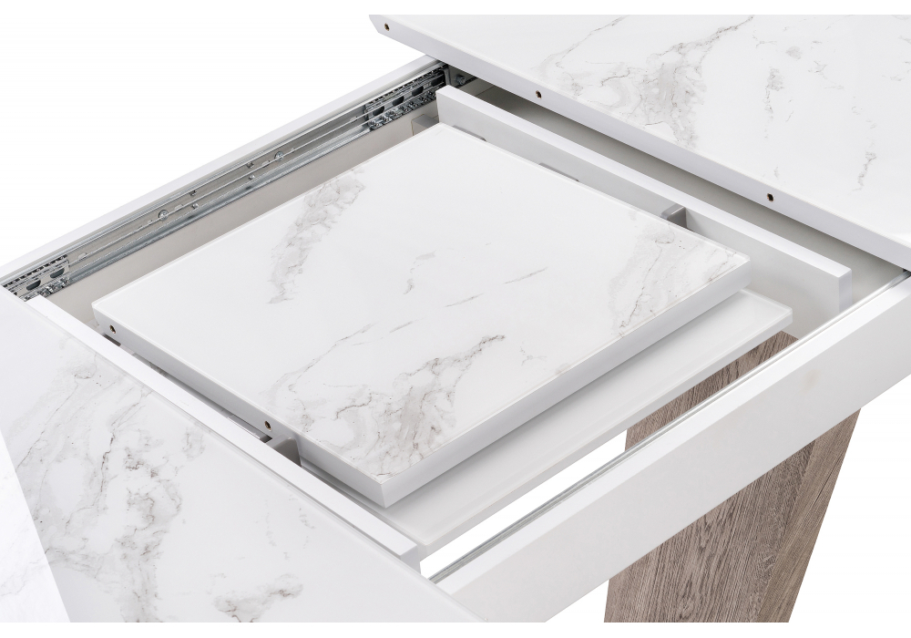 Стол стеклянный Woodville на тумбе Петир белая шагрень, дуб с пилением